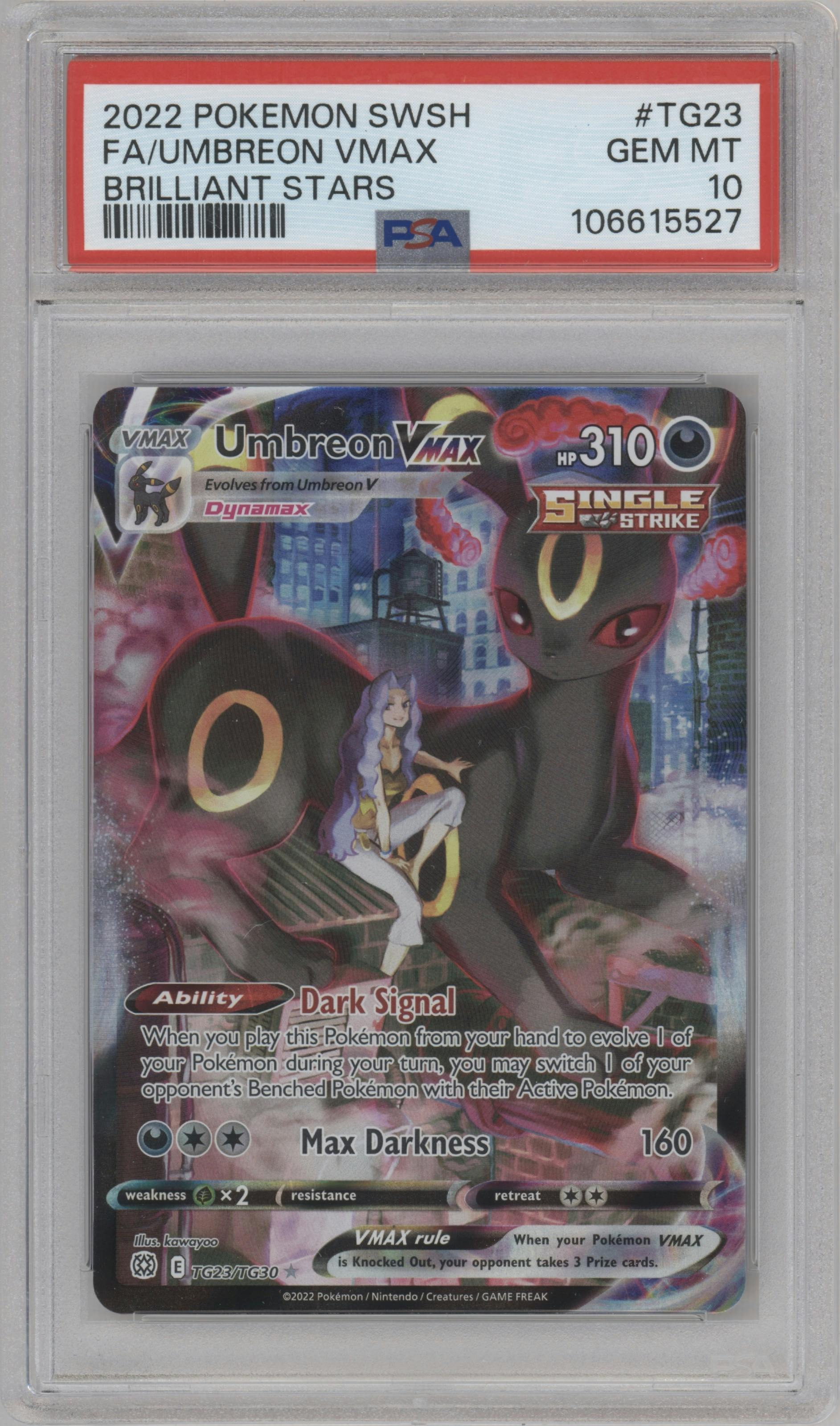 Umbreon VMAX from the 2022 Pokemon SWSH set graded by PSA and given an overall grade of 10.