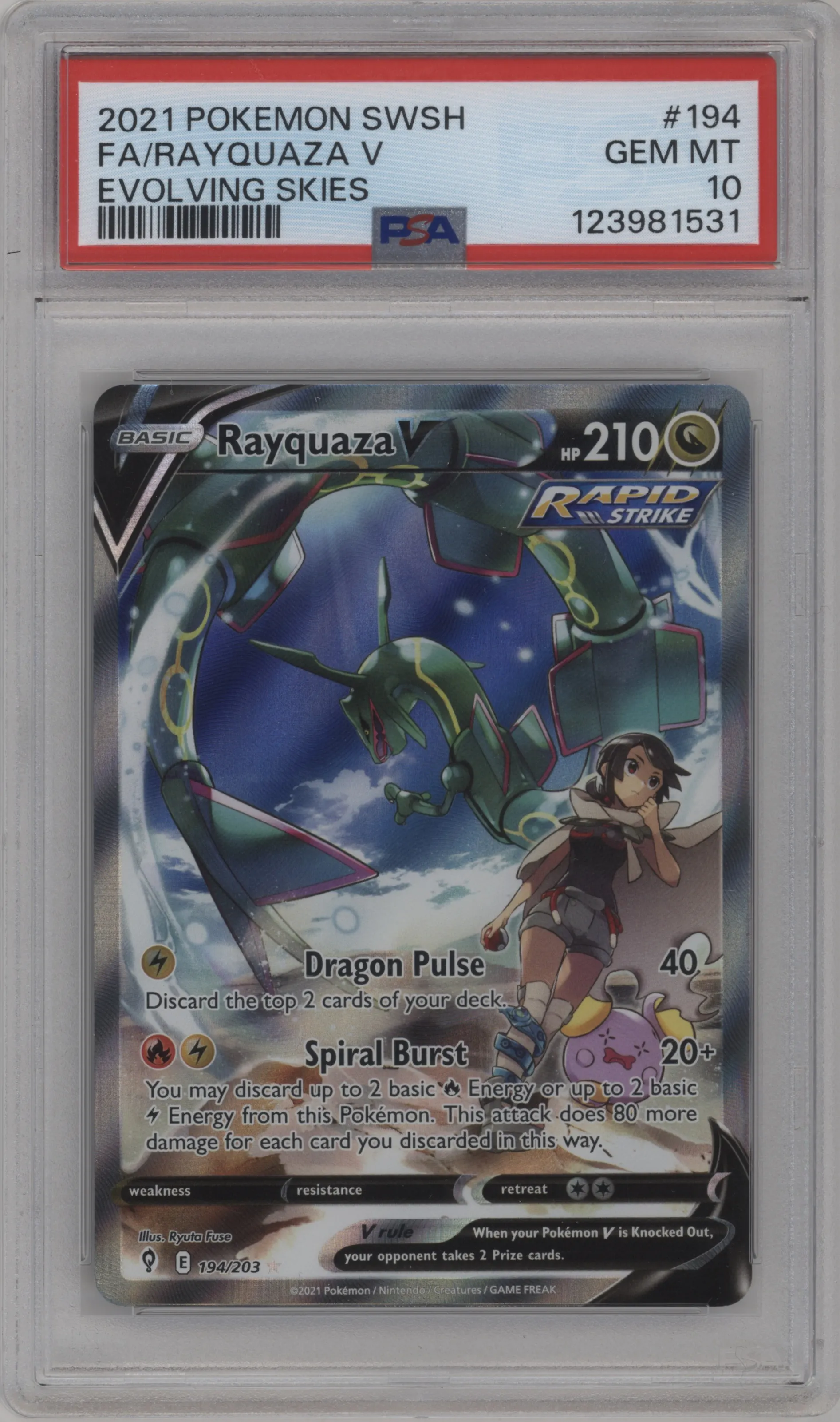 Rayquaza V from the 2021 Pokemon SWSH set graded by PSA and given an overall grade of 10.