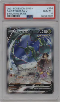 Rayquaza V from the 2021 Pokemon SWSH set graded by PSA and given an overall grade of 10.