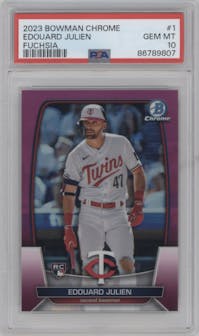Edouard Julien from the 2023 Bowman Chrome set featuring a Fuchsia Refractor parallel graded by PSA and given an overall grade of 10.