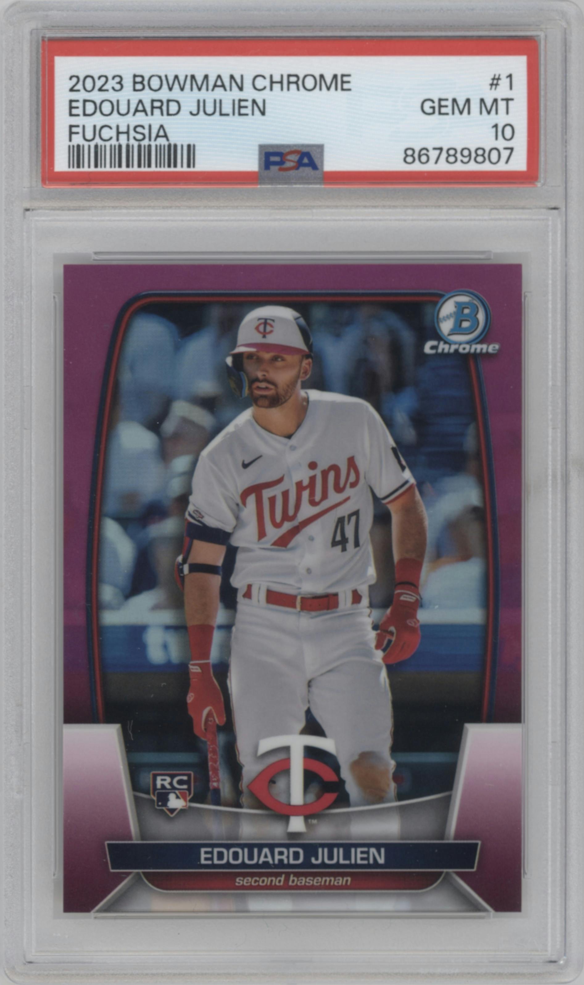 Edouard Julien from the 2023 Bowman Chrome set featuring a Fuchsia Refractor parallel graded by PSA and given an overall grade of 10.