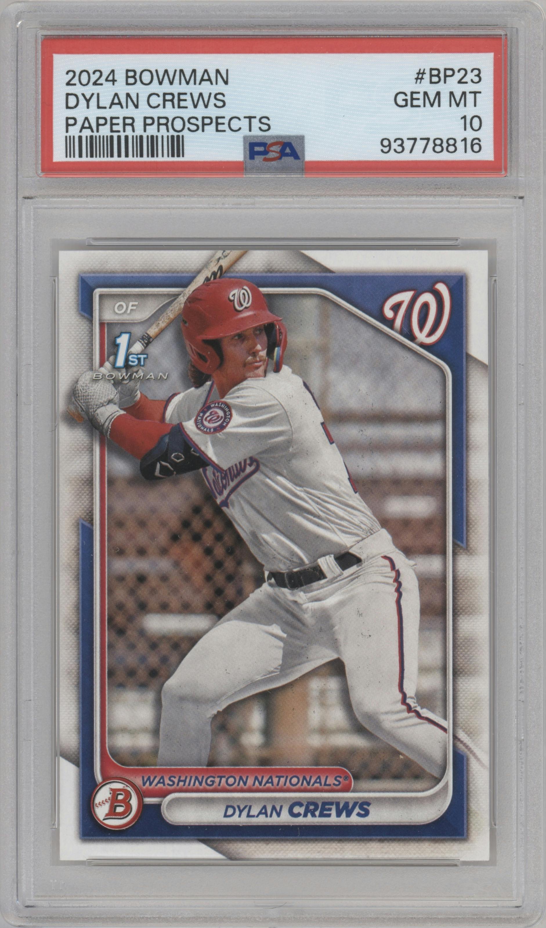 Dylan Crews from the 2024 Bowman set graded by PSA and given an overall grade of 10.
