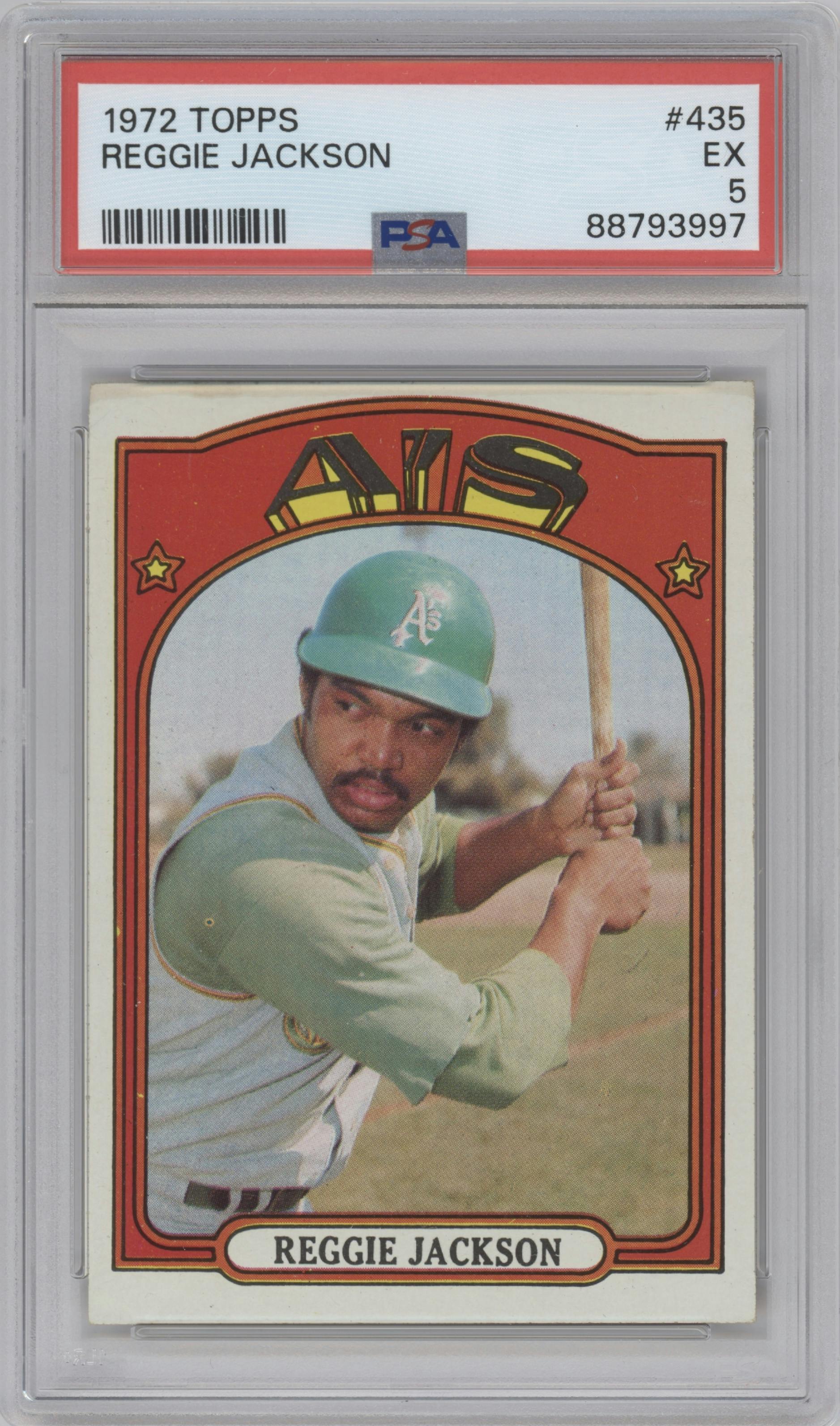 Reggie Jackson from the 1972 Topps set graded by PSA and given an overall grade of 5.