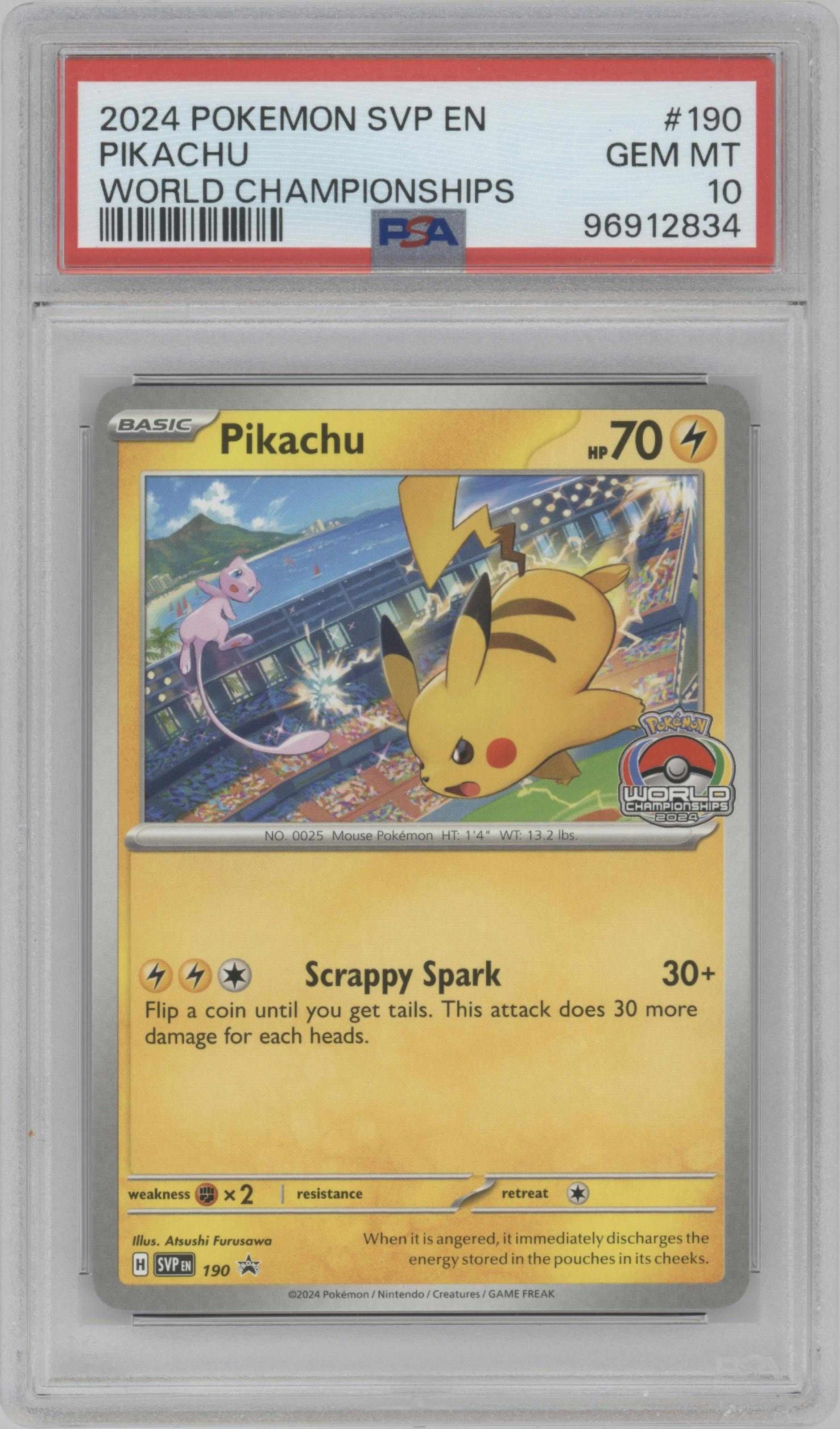 Pikachu from the 2024 Pokemon SV set featuring a 2024 World Championship parallel graded by PSA and given an overall grade of 10.