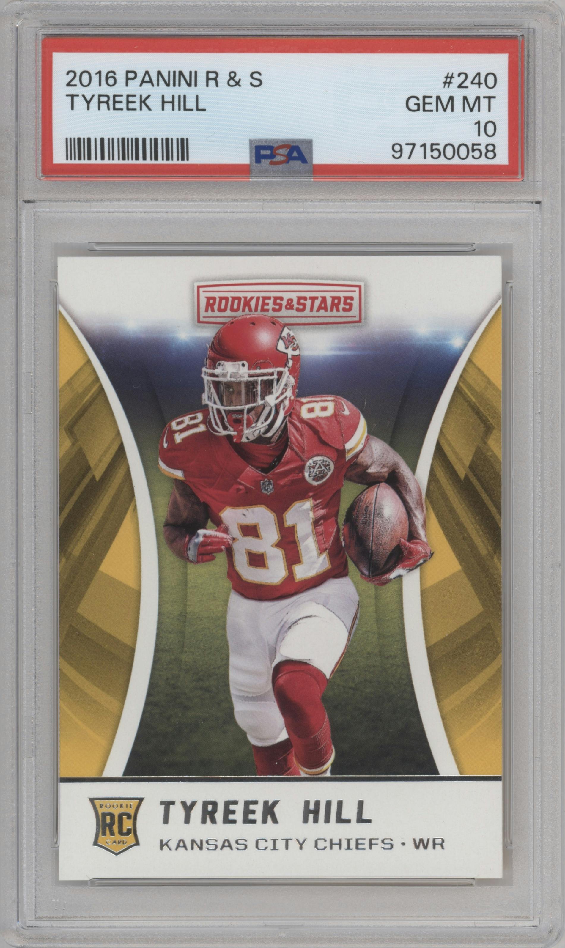 Tyreek Hill from the 2016 Panini Rookies & Stars set graded by PSA and given an overall grade of 10.