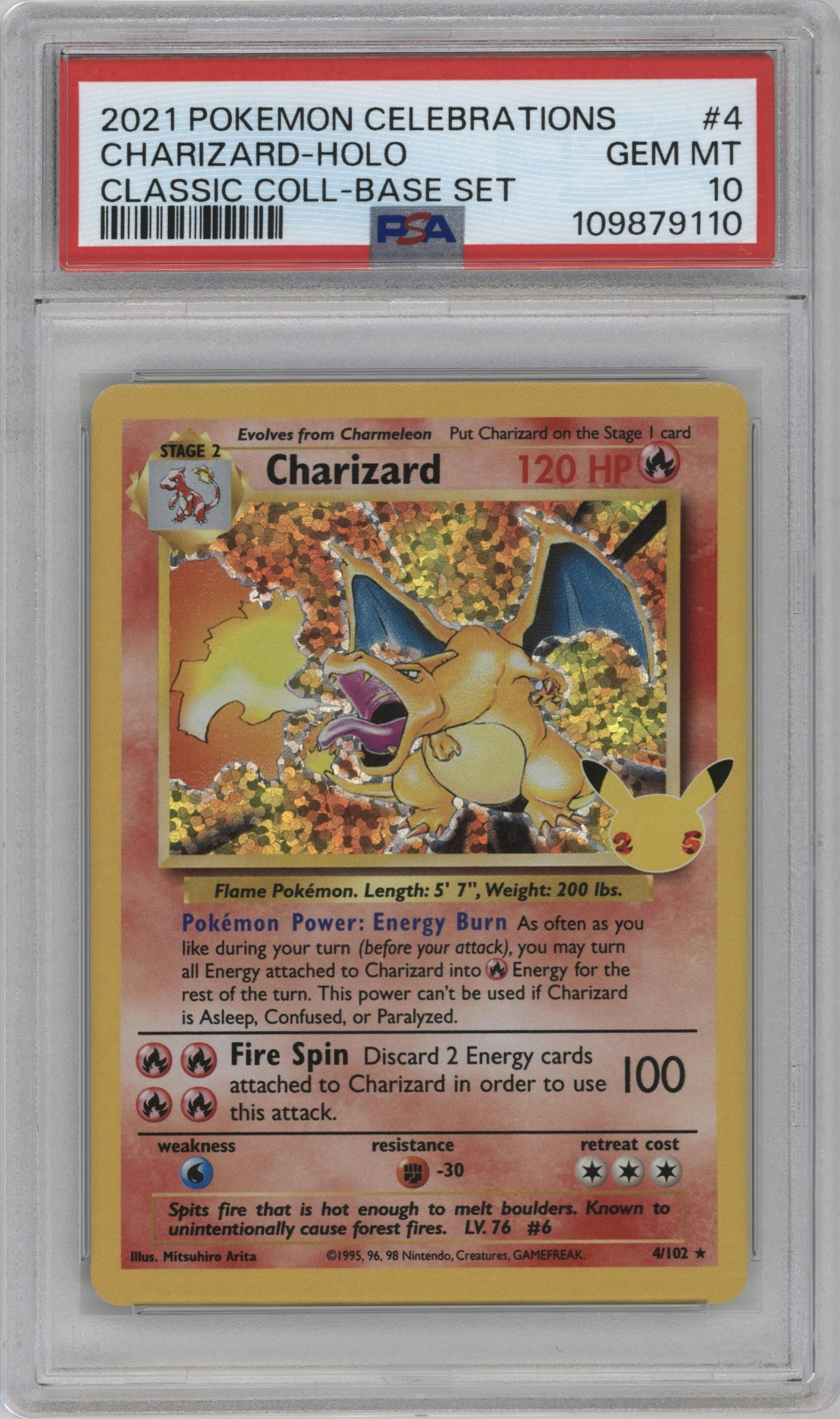 Charizard from the 2021 Pokemon SWSH set featuring a Base Set parallel graded by PSA and given an overall grade of 10.