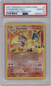 Charizard from the 2021 Pokemon SWSH set featuring a Base Set parallel graded by PSA and given an overall grade of 10.