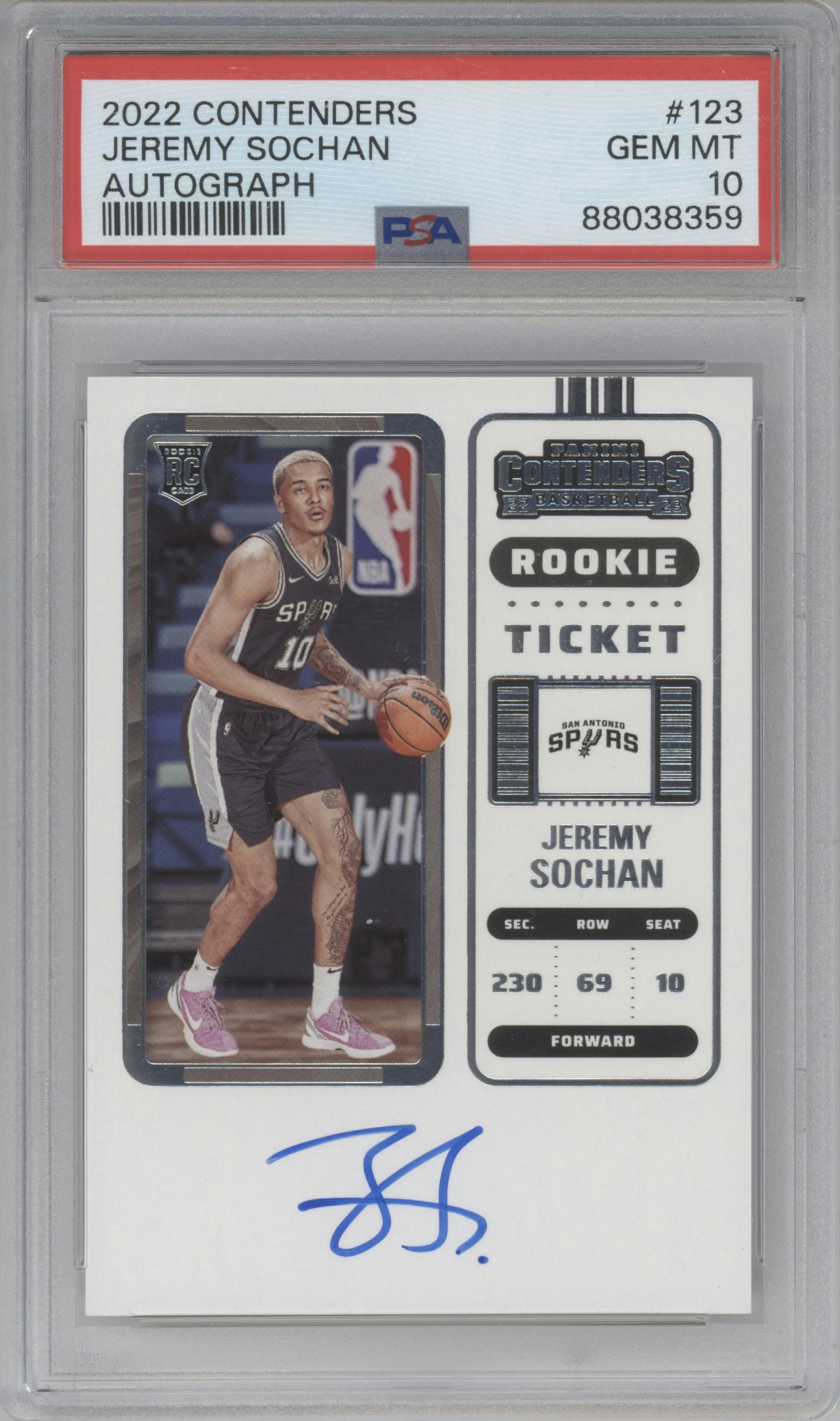 Jeremy Sochan from the 2022-23 Panini Contenders set graded by PSA and given an overall grade of 10.