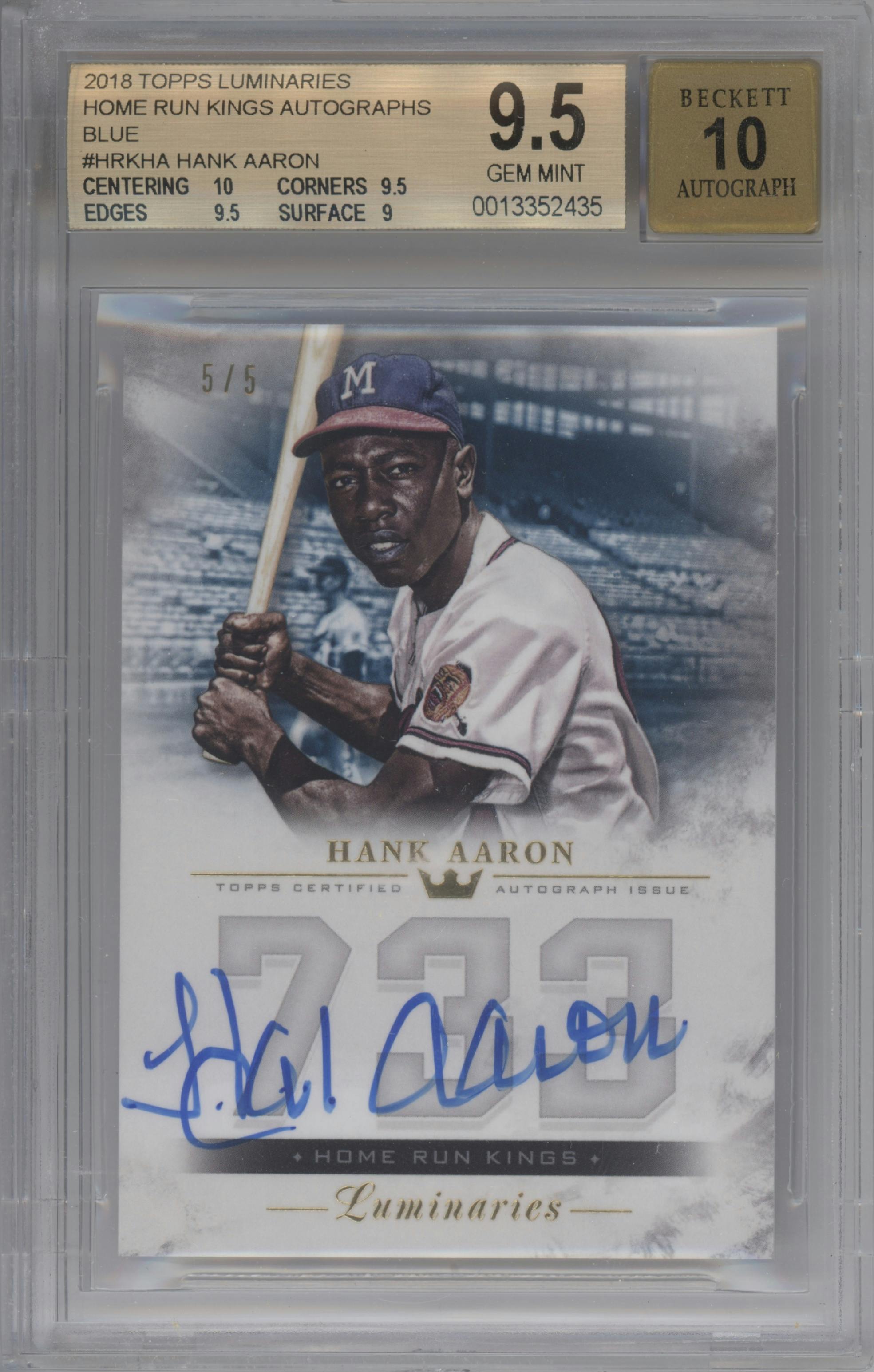 Hank Aaron from the 2018 Topps Luminaries set featuring a Blue parallel graded by Beckett and given an overall grade of 9.5.