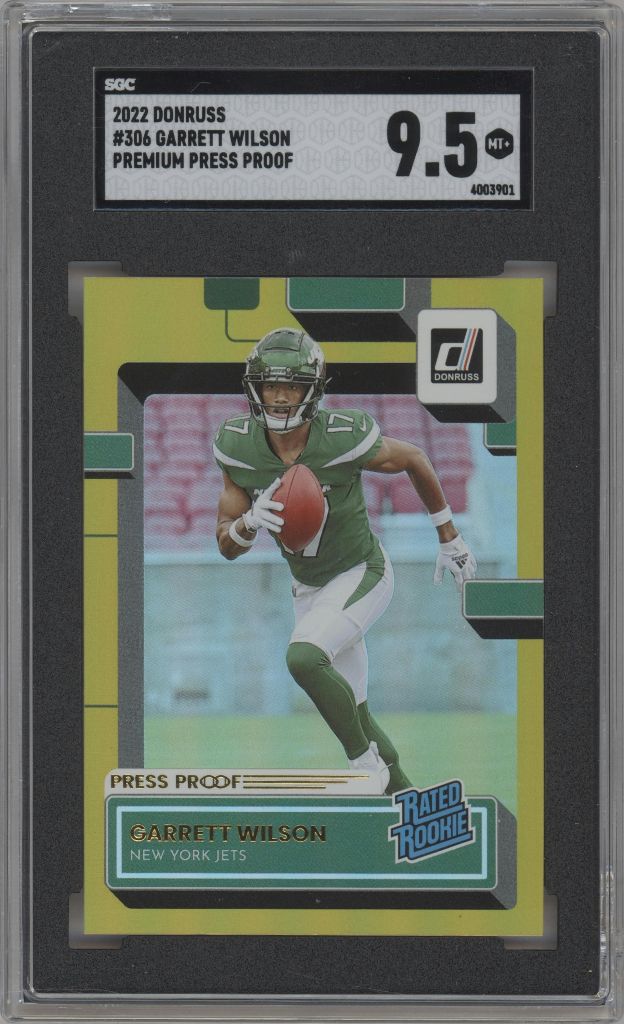 Garrett Wilson from the 2022 Panini Donruss set featuring a Press Proof Premium parallel graded by SGC and given an overall grade of 9.5.