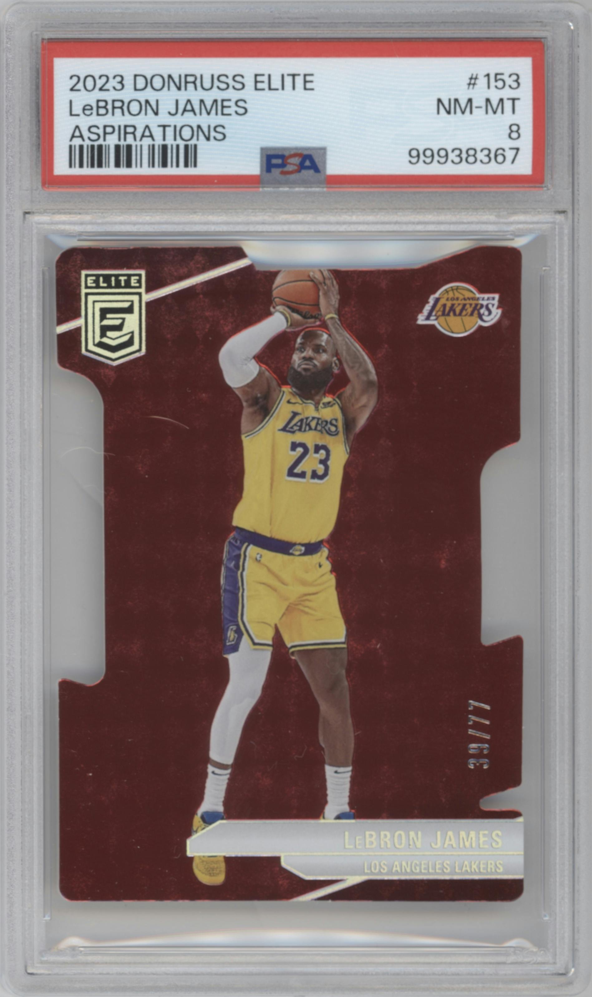 LeBron James from the 2023-24 Panini Donruss Elite set featuring a Aspirations parallel graded by PSA and given an overall grade of 8.