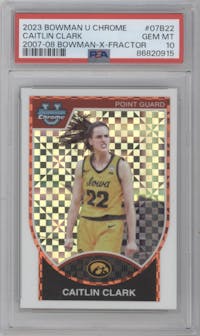Caitlin Clark  from the 2023-24 Bowman U Chrome set featuring a X-Fractor parallel graded by PSA and given an overall grade of 10.