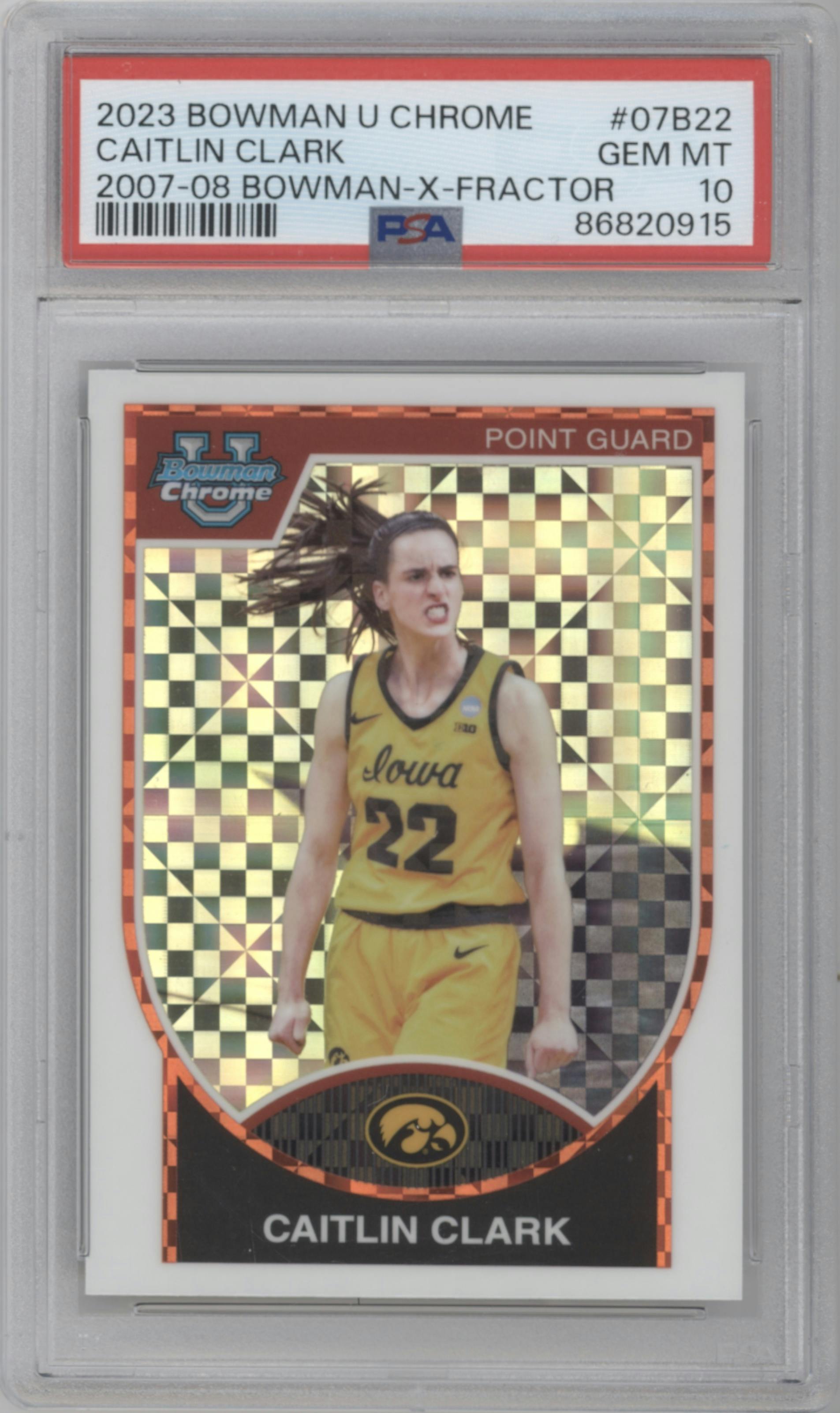 Caitlin Clark  from the 2023-24 Bowman U Chrome set featuring a X-Fractor parallel graded by PSA and given an overall grade of 10.