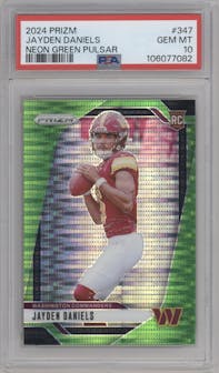 Jayden Daniels from the 2024 Panini Prizm set featuring a Neon Green Pulsar  parallel graded by PSA and given an overall grade of 10.