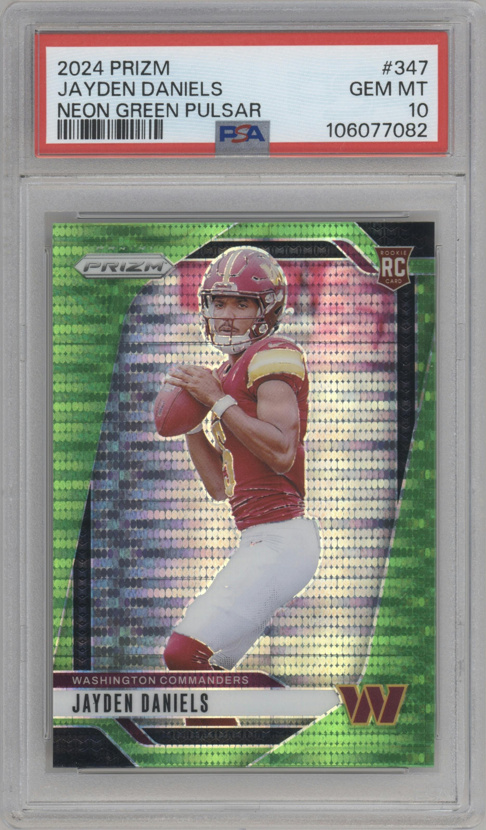 Jayden Daniels from the 2024 Panini Prizm set featuring a Neon Green Pulsar  parallel graded by PSA and given an overall grade of 10.