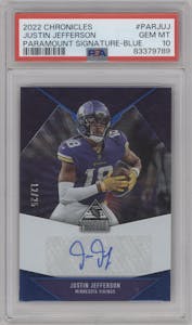 Justin Jefferson from the 2022 Panini Chronicles set featuring a Blue parallel graded by PSA and given an overall grade of 10.