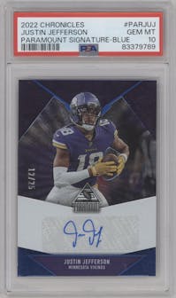 Justin Jefferson from the 2022 Panini Chronicles set featuring a Blue parallel graded by PSA and given an overall grade of 10.