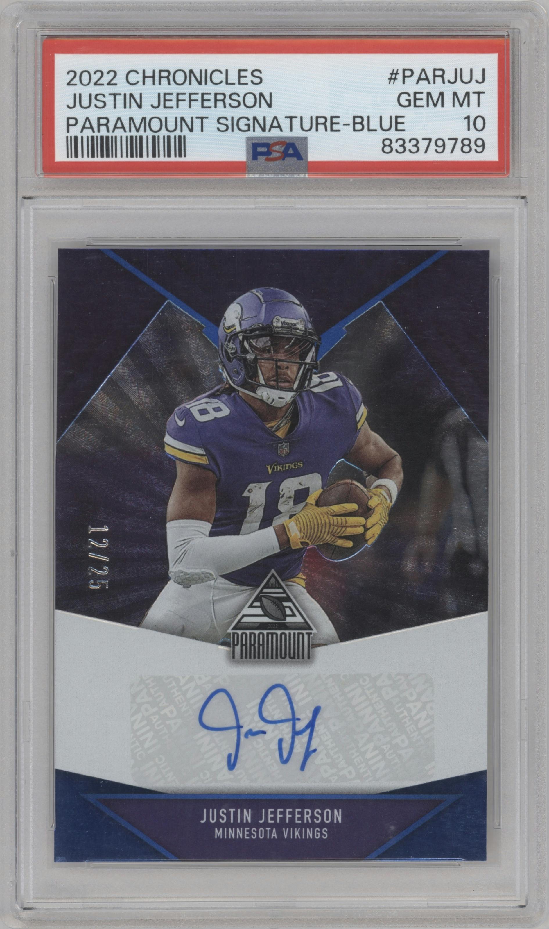Justin Jefferson from the 2022 Panini Chronicles set featuring a Blue parallel graded by PSA and given an overall grade of 10.