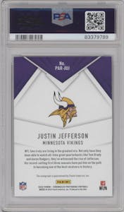 Justin Jefferson from the 2022 Panini Chronicles set featuring a Blue parallel graded by PSA and given an overall grade of 10.