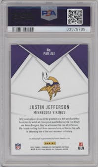 Justin Jefferson from the 2022 Panini Chronicles set featuring a Blue parallel graded by PSA and given an overall grade of 10.