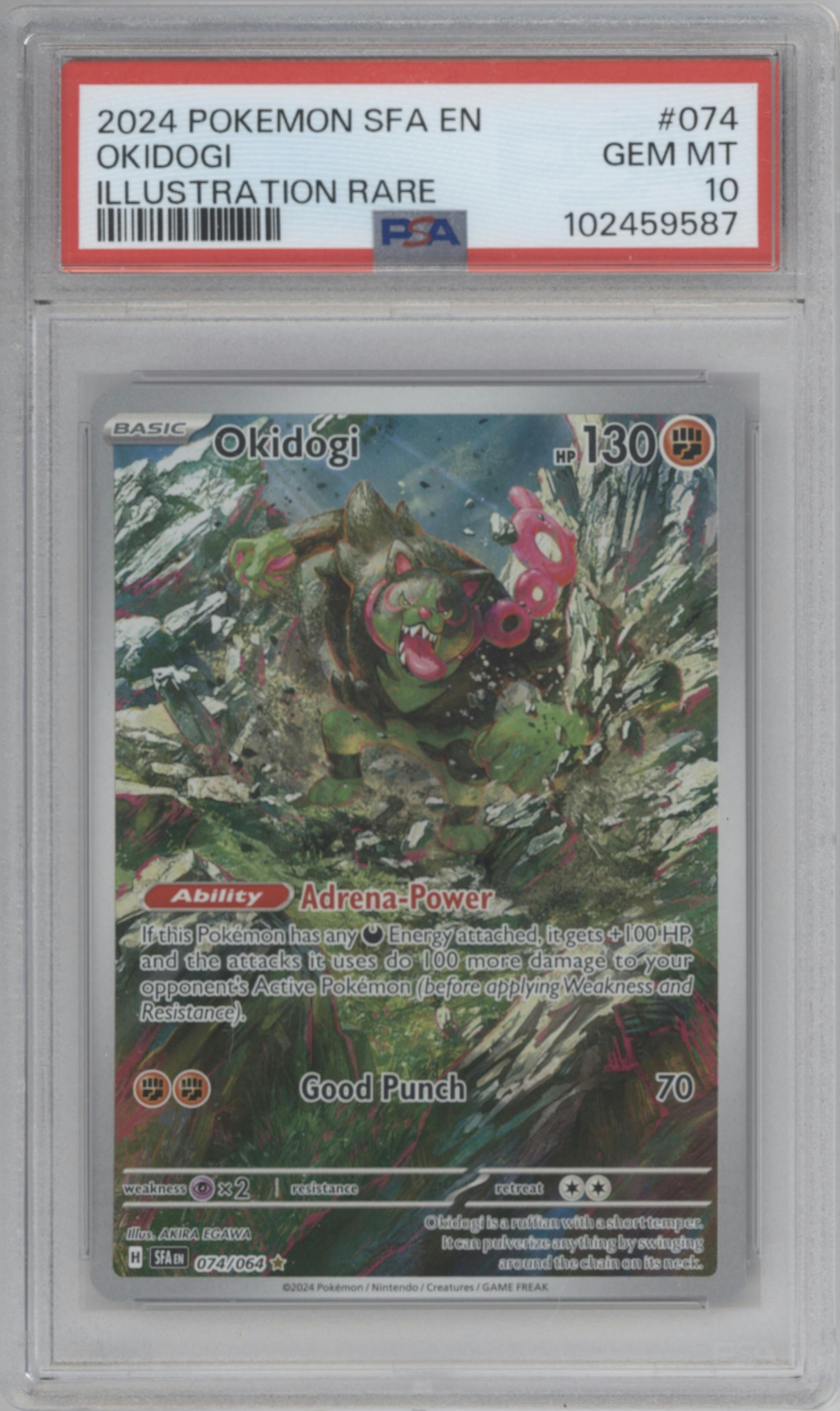 Okidogi from the 2024 Pokemon SV set graded by PSA and given an overall grade of 10.