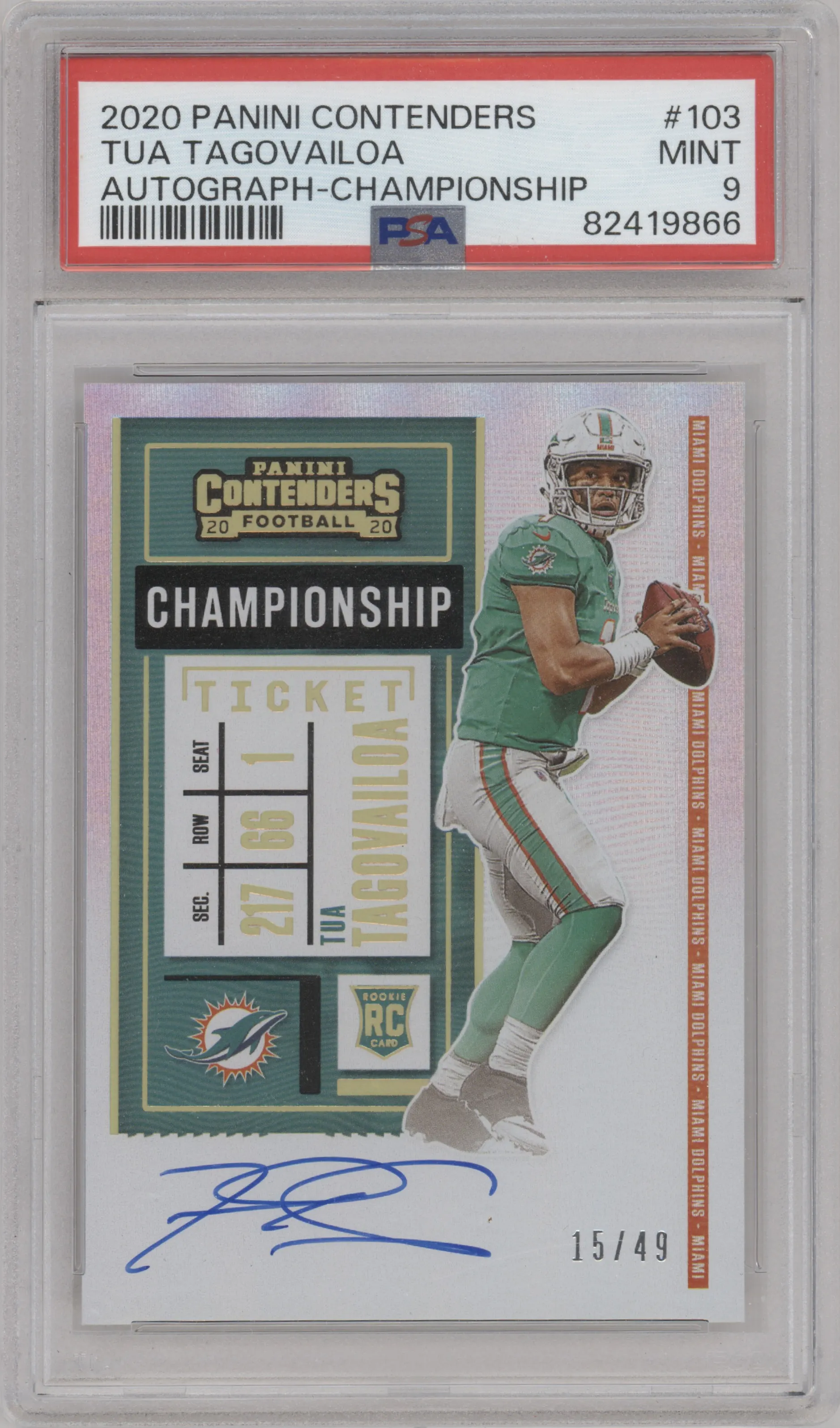 2020 Panini Contenders Rke.Tkt.RPS Tua Tagovailoa Championship Ticket #103 PSA 9