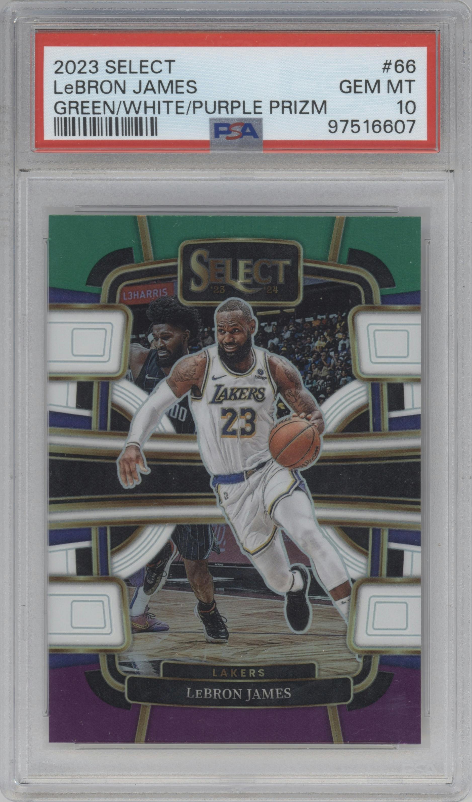 LeBron James from the 2023-24 Panini Select  set featuring a Green White Purple Prizm parallel graded by PSA and given an overall grade of 10.