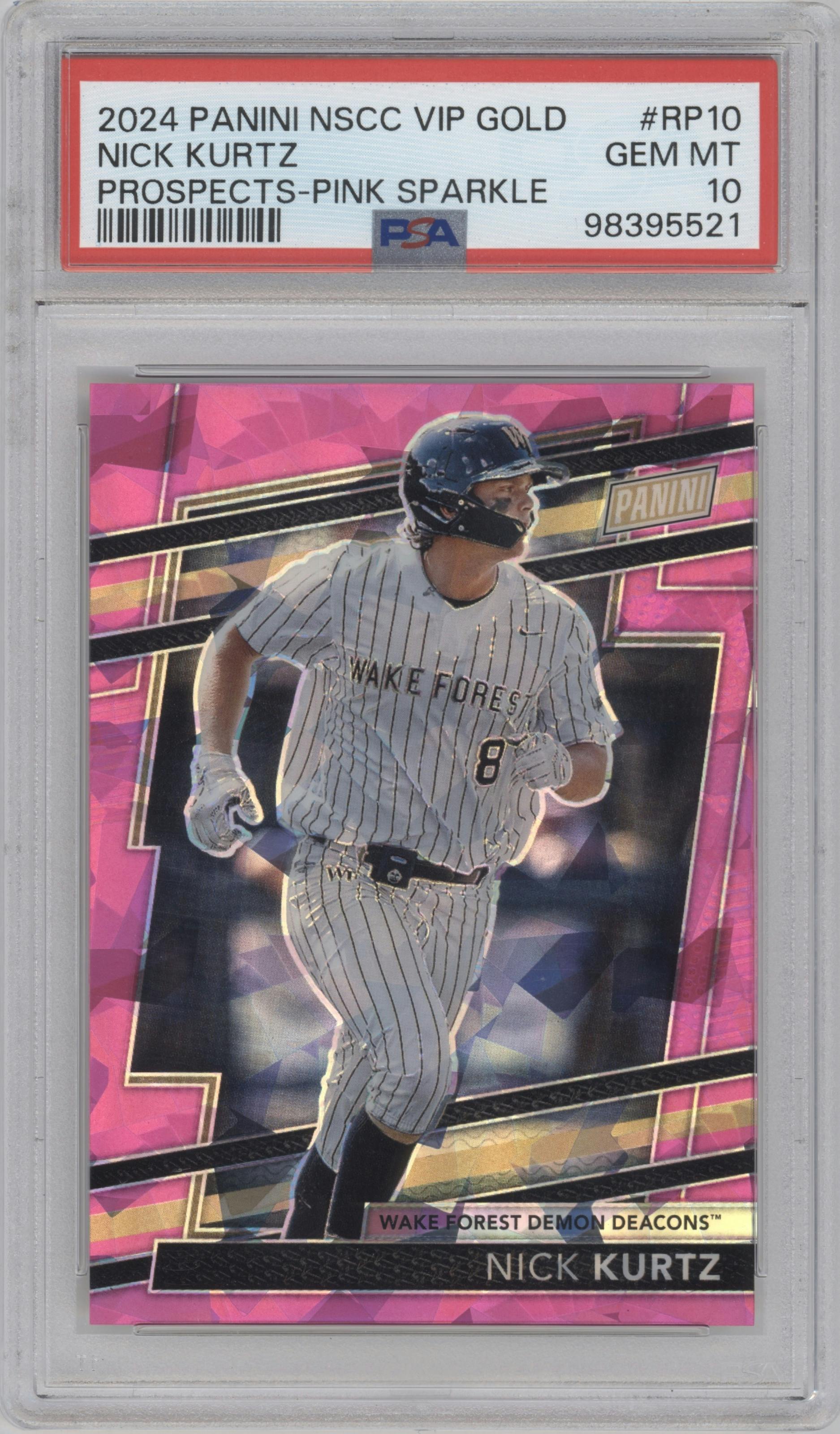 Nick Kurtz from the 2024 Panini The National VIP set featuring a Pink Sparkle parallel graded by PSA and given an overall grade of 10.