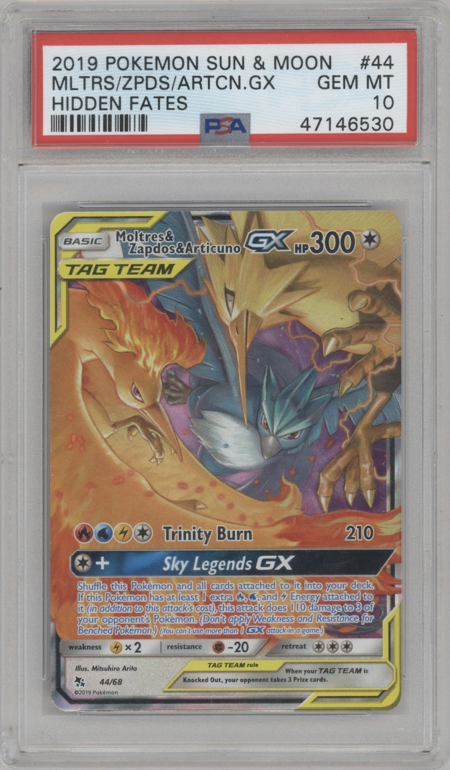 Moltres & Zapdos & Articuno GX from the 2019 Pokemon S&M  set graded by PSA and given an overall grade of 10.