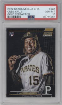 Oneil Cruz from the 2022 Stadium Club Chrome set featuring a Gold Refractor parallel graded by PSA and given an overall grade of 10.
