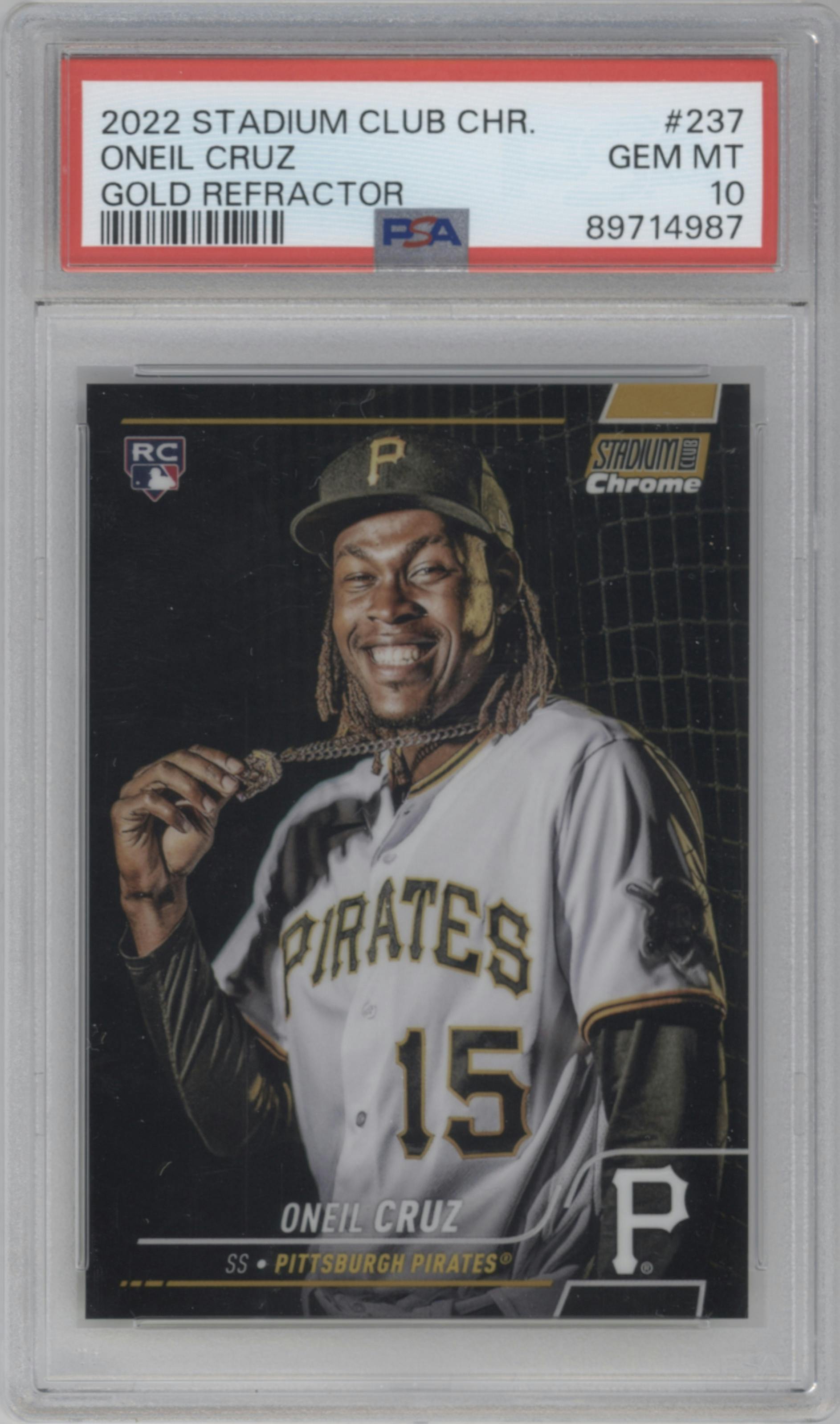 Oneil Cruz from the 2022 Stadium Club Chrome set featuring a Gold Refractor parallel graded by PSA and given an overall grade of 10.