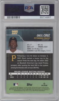 Oneil Cruz from the 2022 Stadium Club Chrome set featuring a Gold Refractor parallel graded by PSA and given an overall grade of 10.