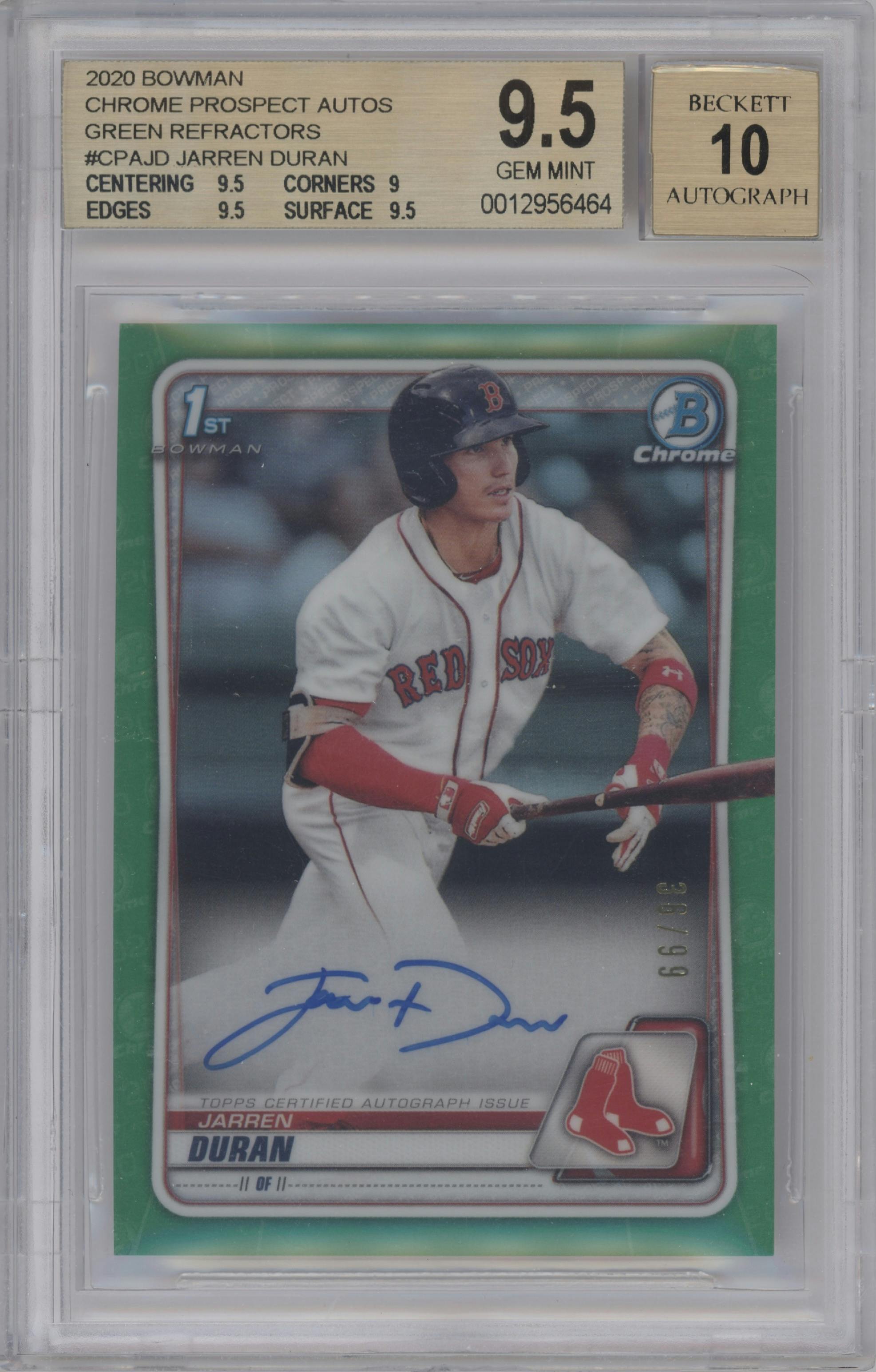 Jarren Duran from the 2020 Bowman set featuring a Green Refractor  parallel graded by Beckett and given an overall grade of 9.5.