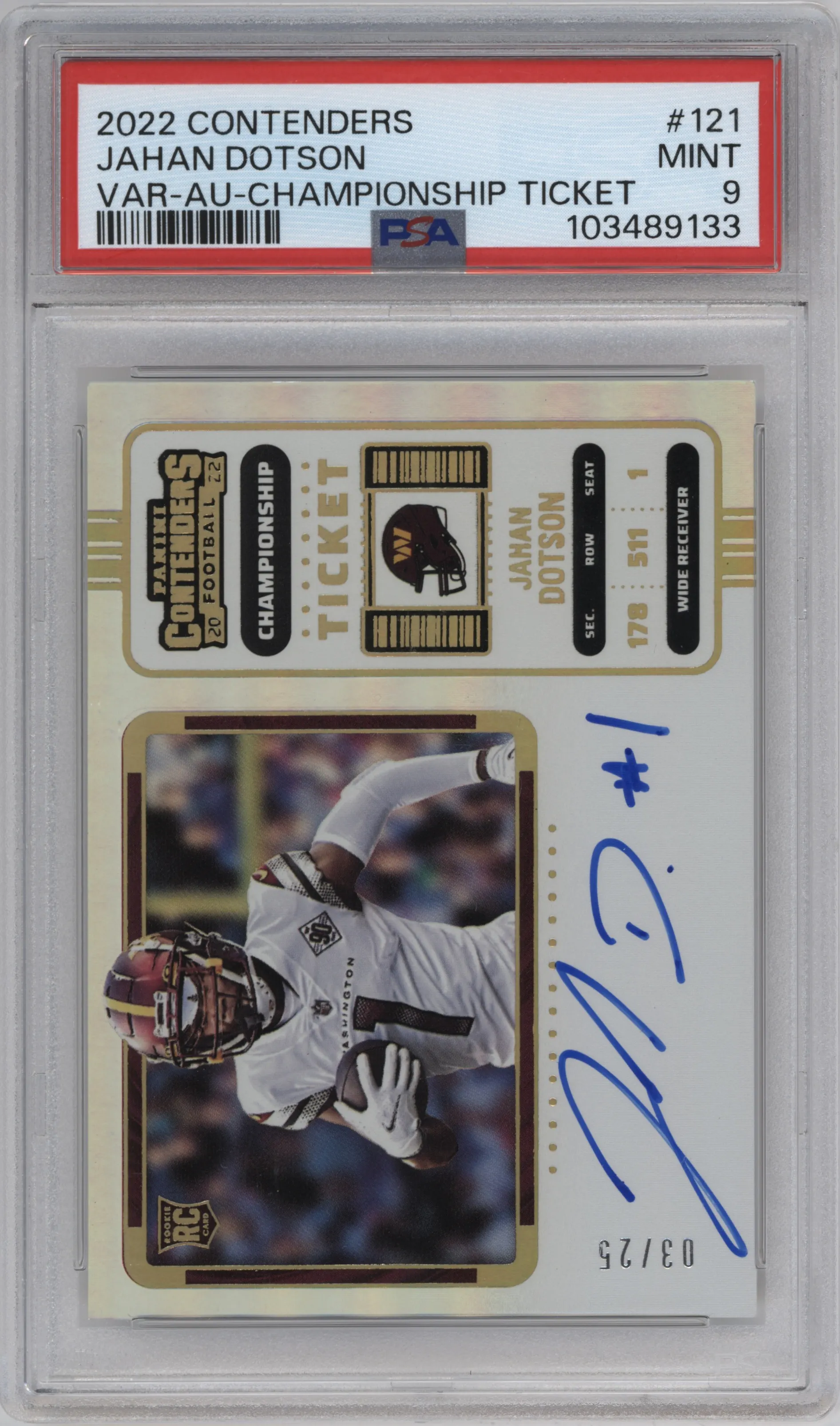 2022 Panini Contenders Rke.Tkt.Var.Hor. Jahan Dotson Championship PSA 9