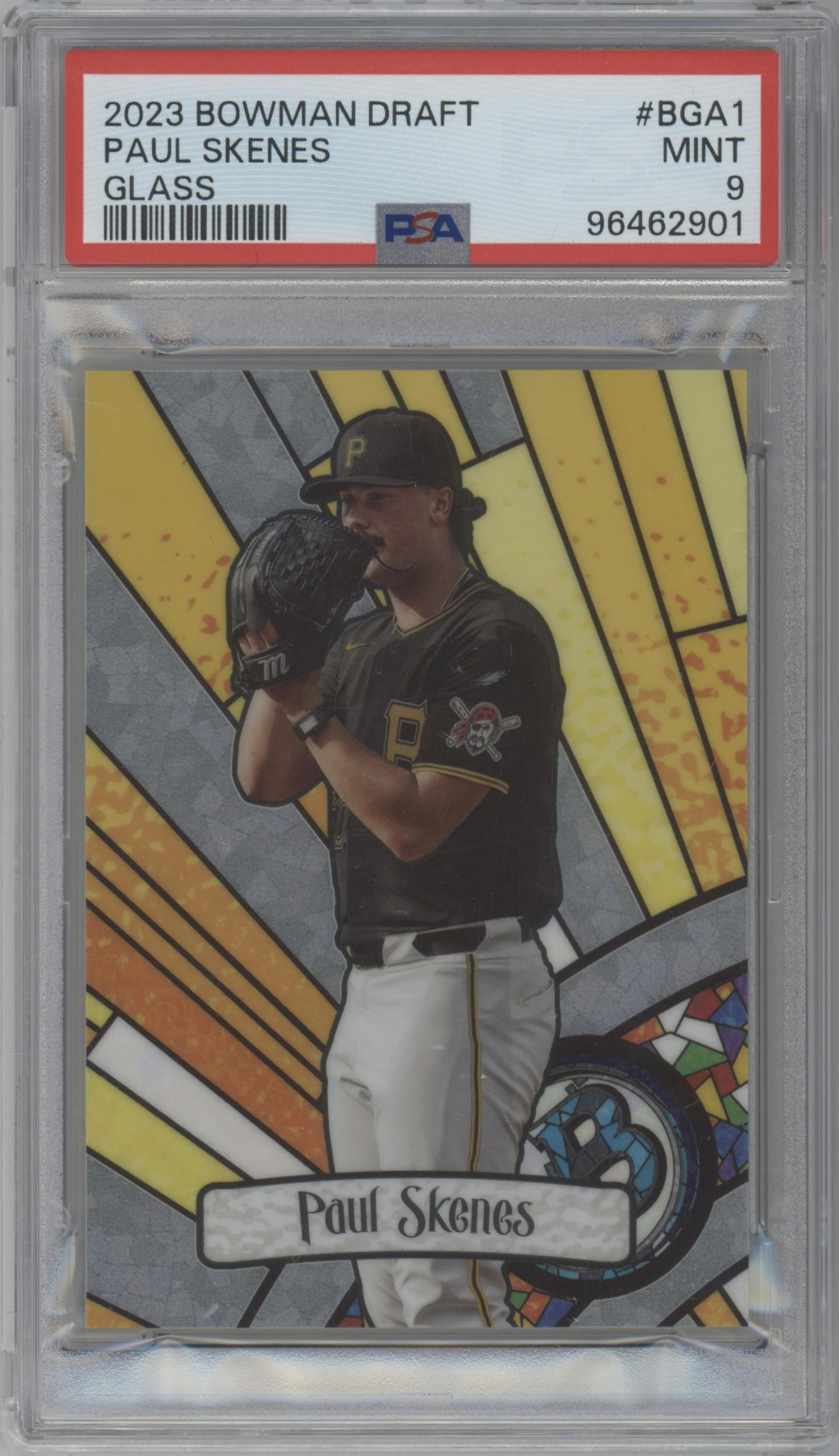 Paul Skenes from the 2023 Bowman Draft set graded by PSA and given an overall grade of 9.
