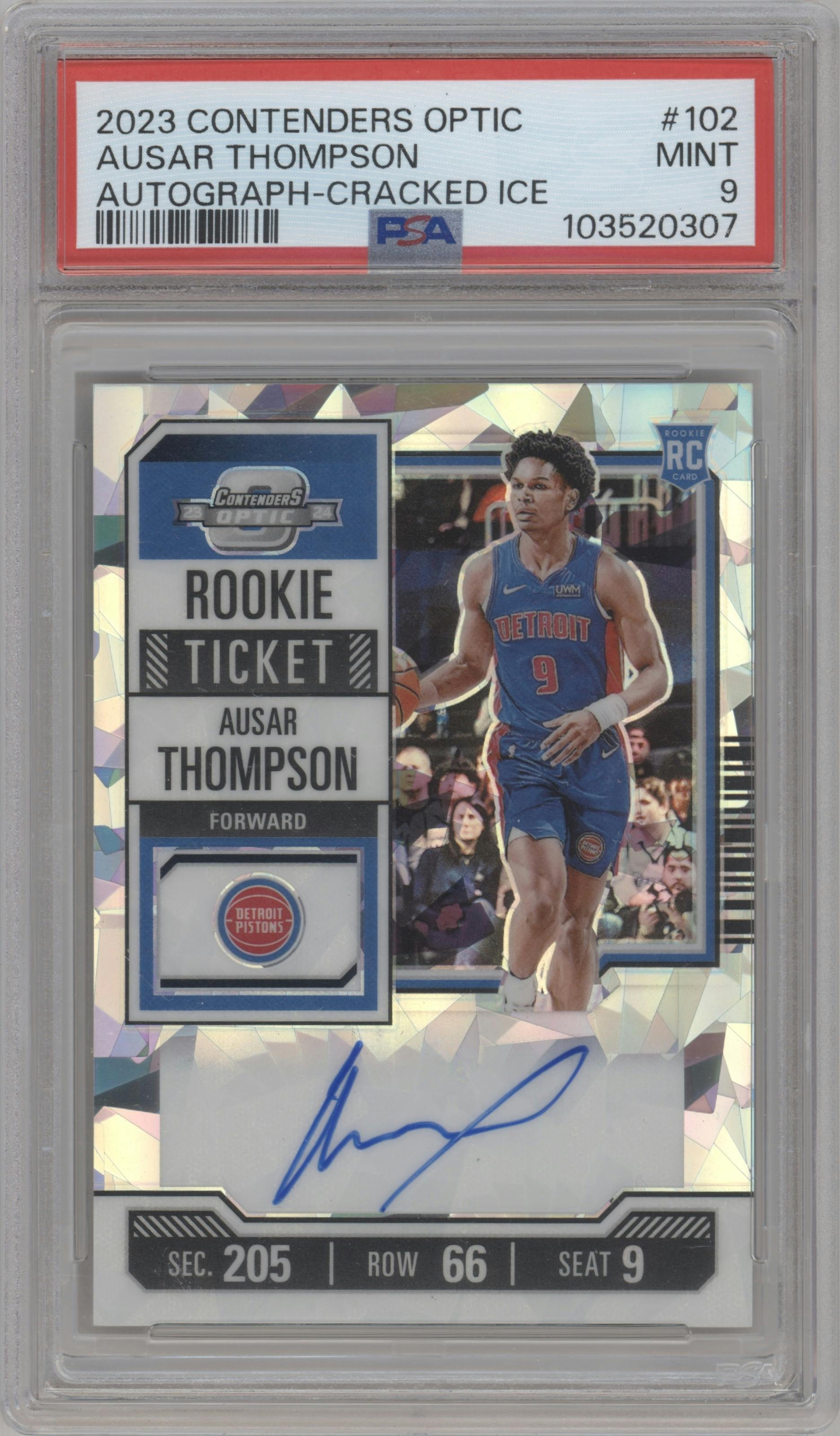 Ausar Thompson from the 2023-24 Panini Contenders Optic set featuring a Cracked Ice parallel graded by PSA and given an overall grade of 9.