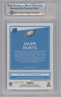 Jalen Hurts from the 2020 Panini Donruss Optic set graded by Beckett and given an overall grade of 9.