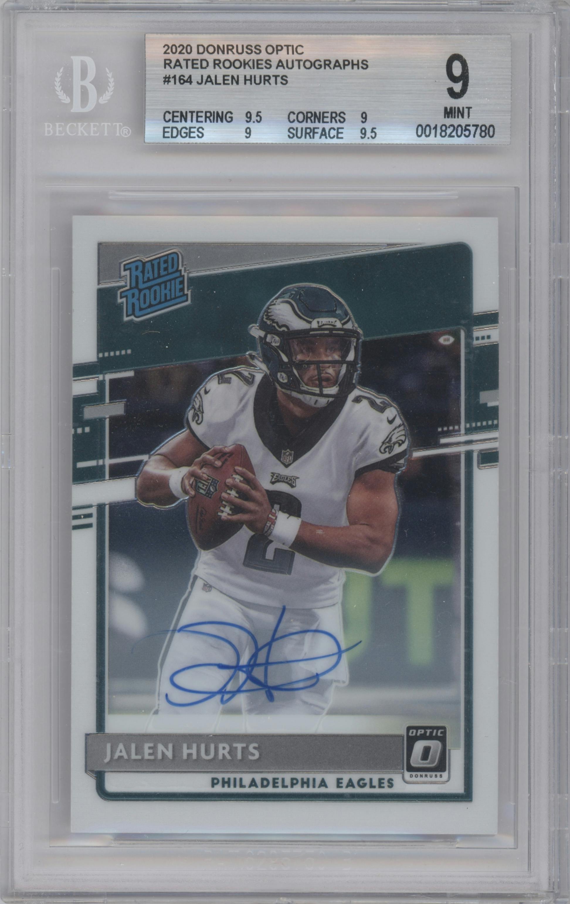 Jalen Hurts from the 2020 Panini Donruss Optic set graded by Beckett and given an overall grade of 9.