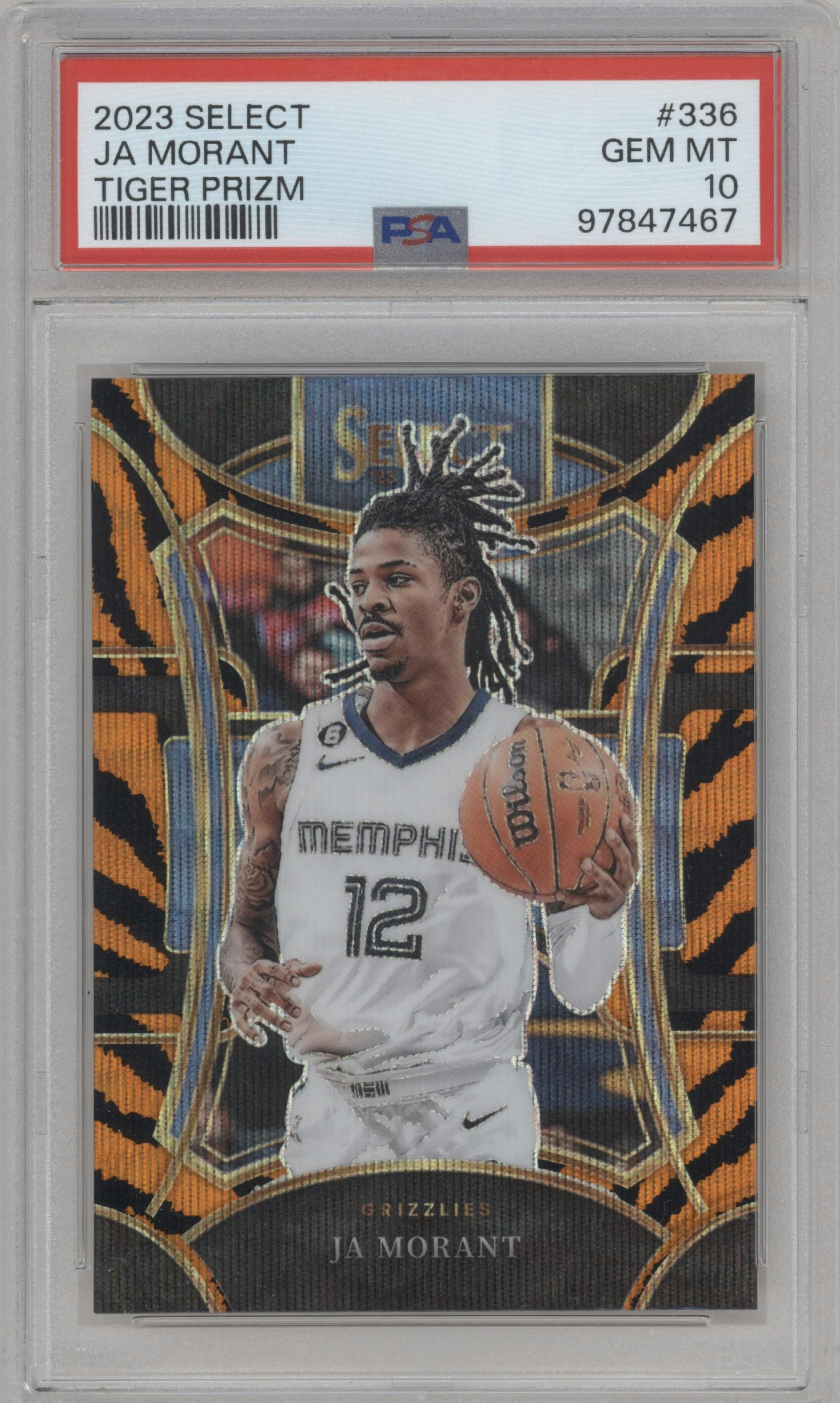 Ja Morant from the 2023-24 Panini Select  set featuring a Tiger parallel graded by PSA and given an overall grade of 10.