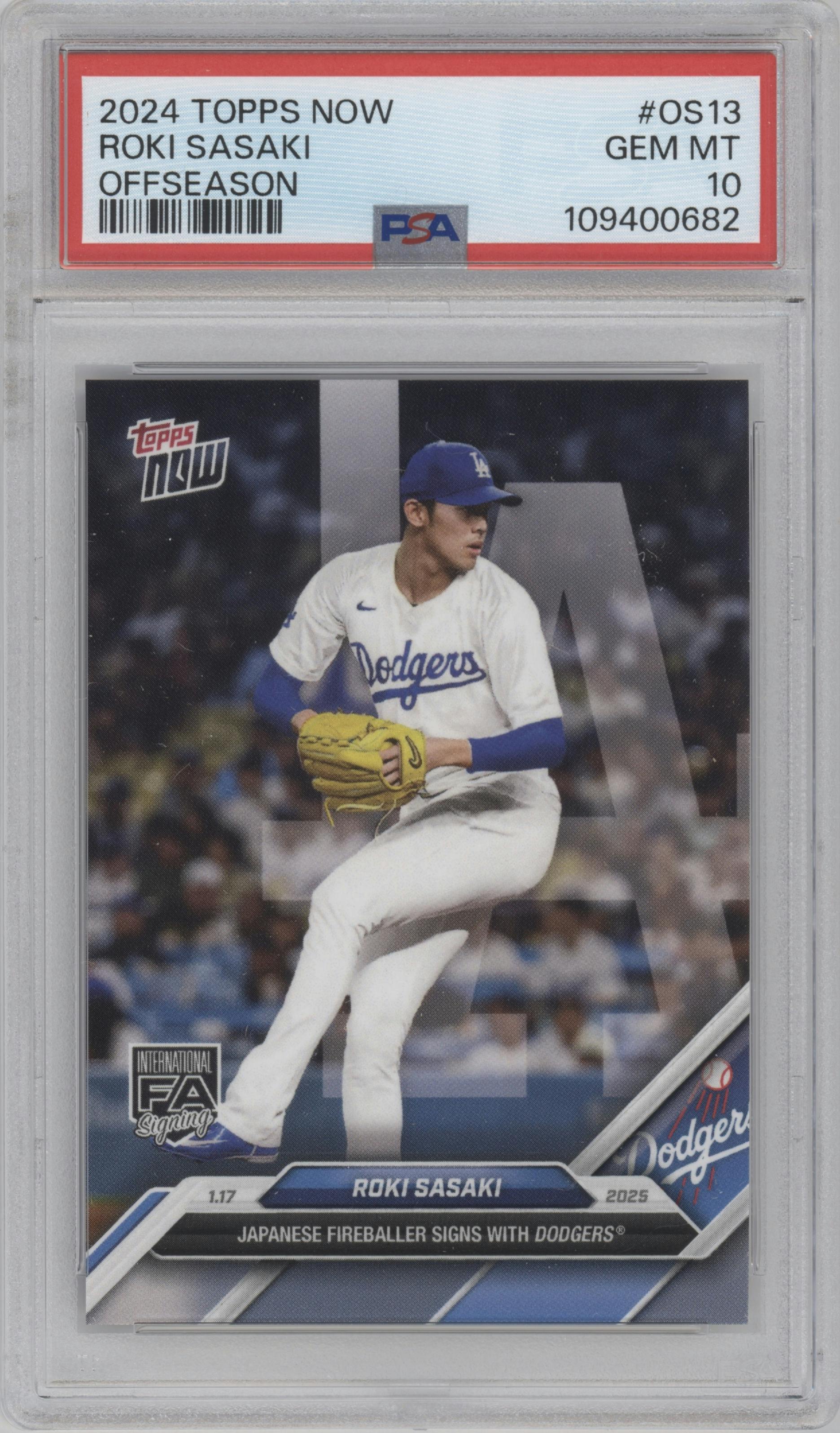 Roki Sasaki from the 2024-25 Topps Now Off-Season set graded by PSA and given an overall grade of 10.