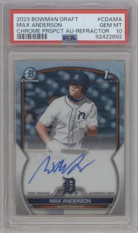 Max Anderson from the 2023 Bowman Draft set featuring a Refractor parallel graded by PSA and given an overall grade of 10.