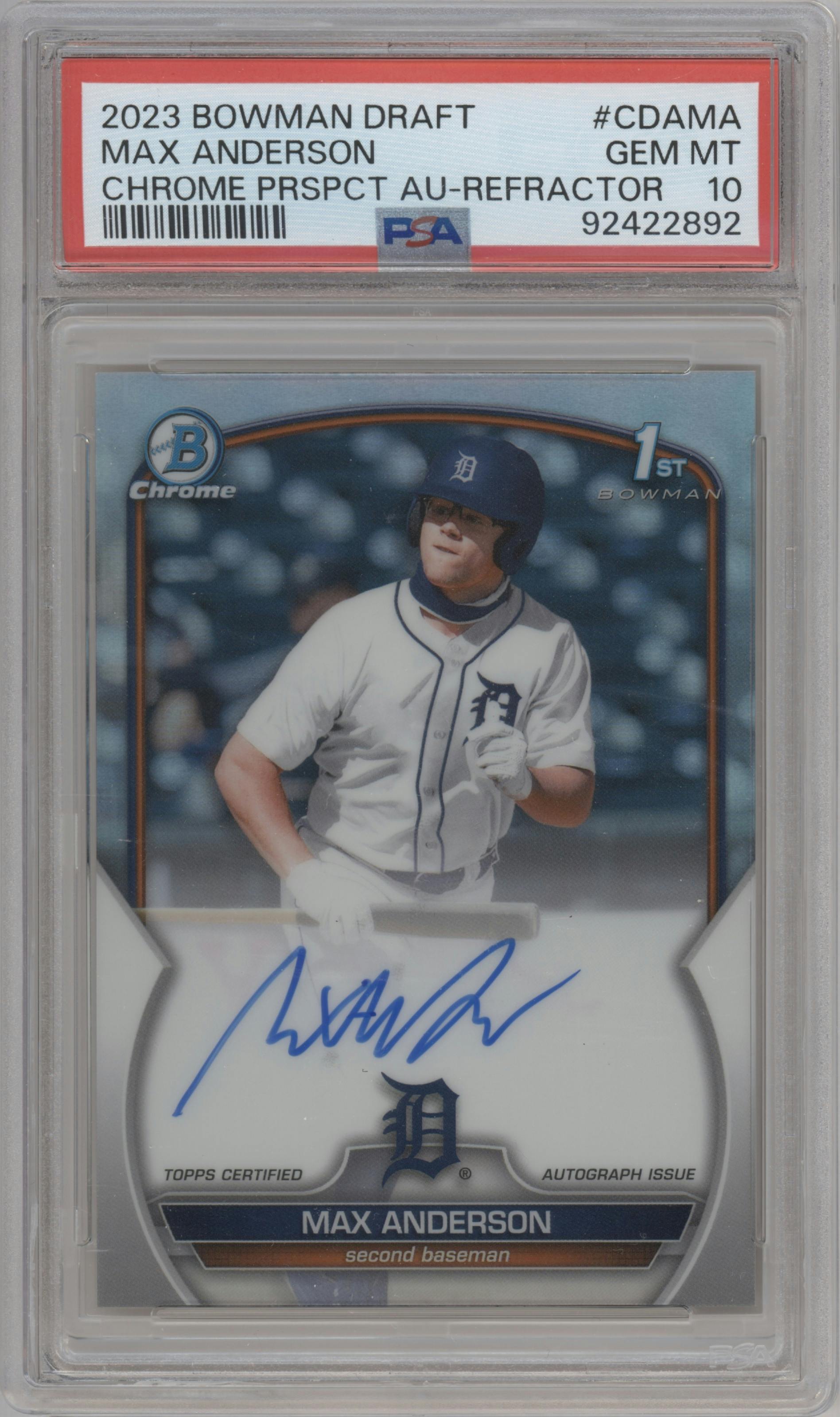 Max Anderson from the 2023 Bowman Draft set featuring a Refractor parallel graded by PSA and given an overall grade of 10.