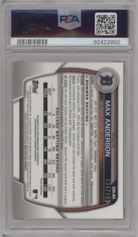 Max Anderson from the 2023 Bowman Draft set featuring a Refractor parallel graded by PSA and given an overall grade of 10.