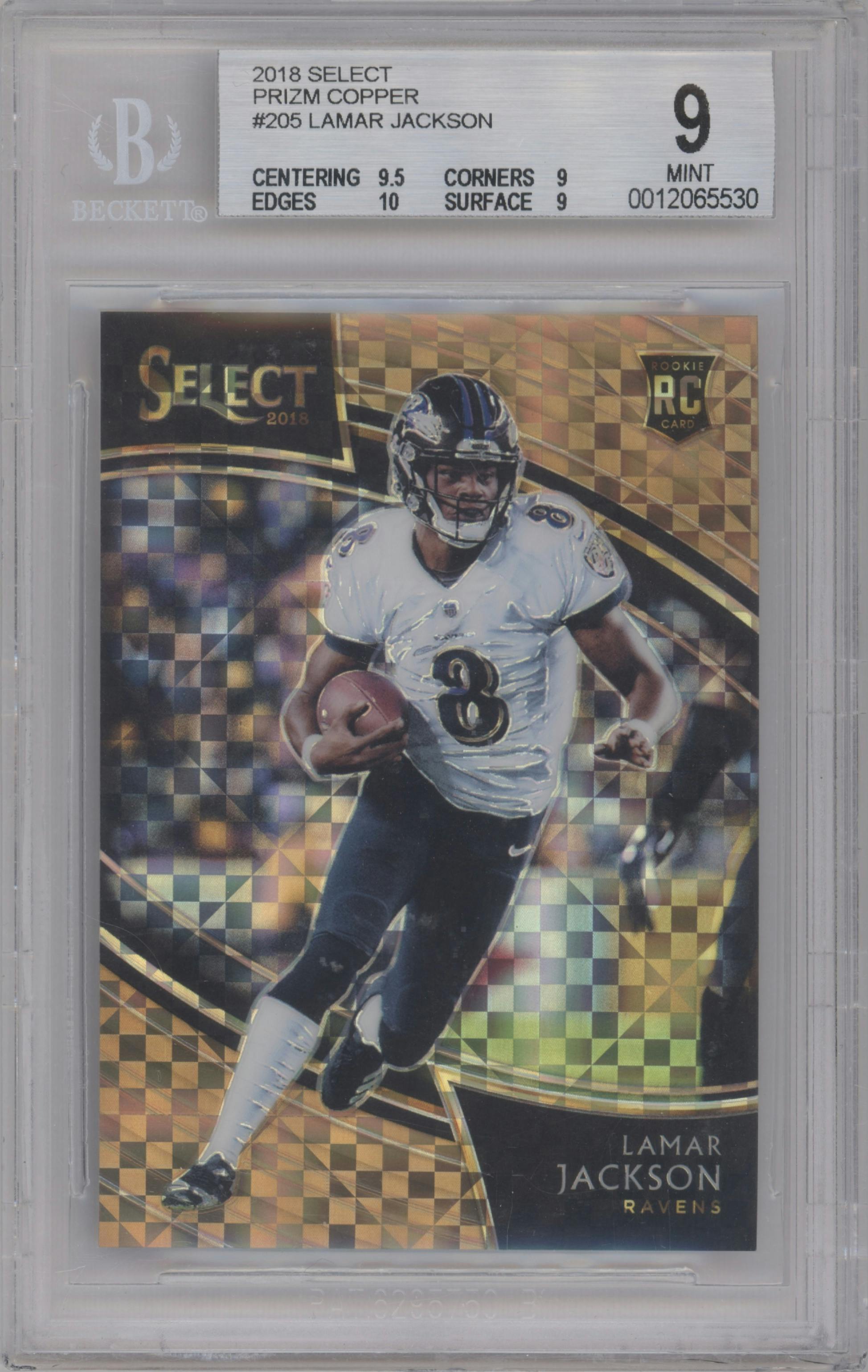 Lamar Jackson from the 2018 Panini Select set featuring a Copper Prizm parallel graded by Beckett and given an overall grade of 9.