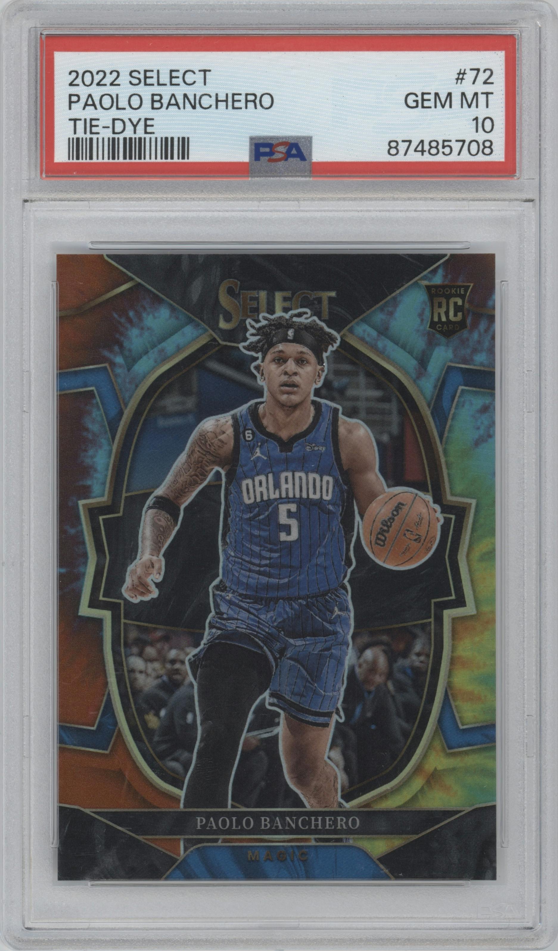 Paolo Banchero from the 2022-23 Panini Select set featuring a Tie-Dye parallel graded by PSA and given an overall grade of 10.