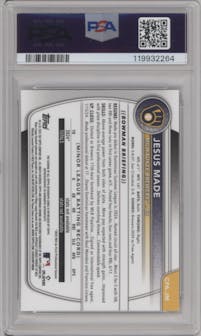 Jesus Made from the 2025 Bowman set featuring a Speckle Refractor parallel graded by PSA and given an overall grade of 10.
