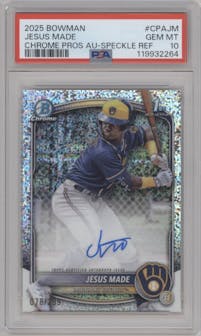Jesus Made from the 2025 Bowman set featuring a Speckle Refractor parallel graded by PSA and given an overall grade of 10.