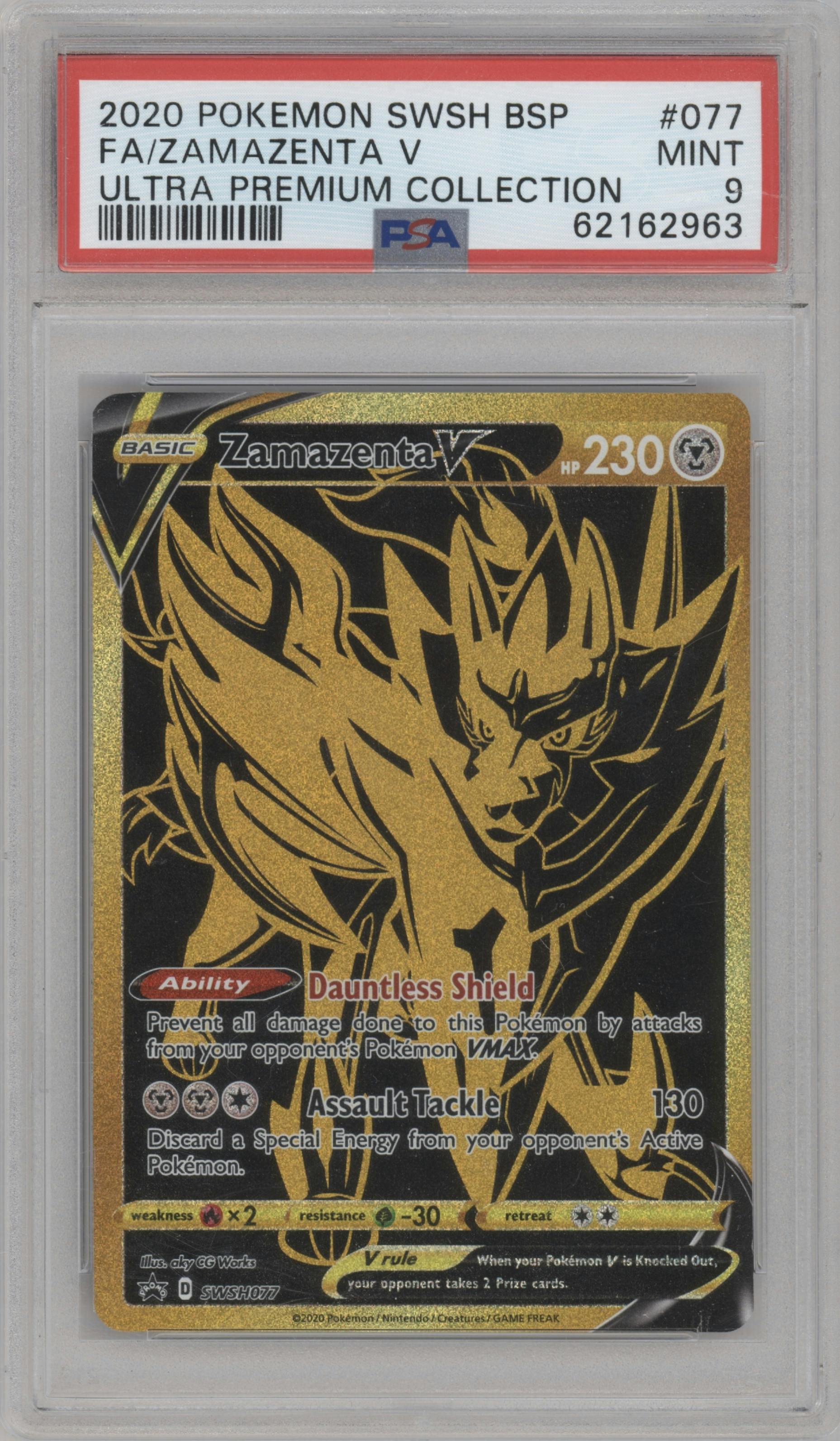 Zamazenta V from the 2020 Pokemon SWSH set featuring a Ultra Pre. Coll. parallel graded by PSA and given an overall grade of 9.
