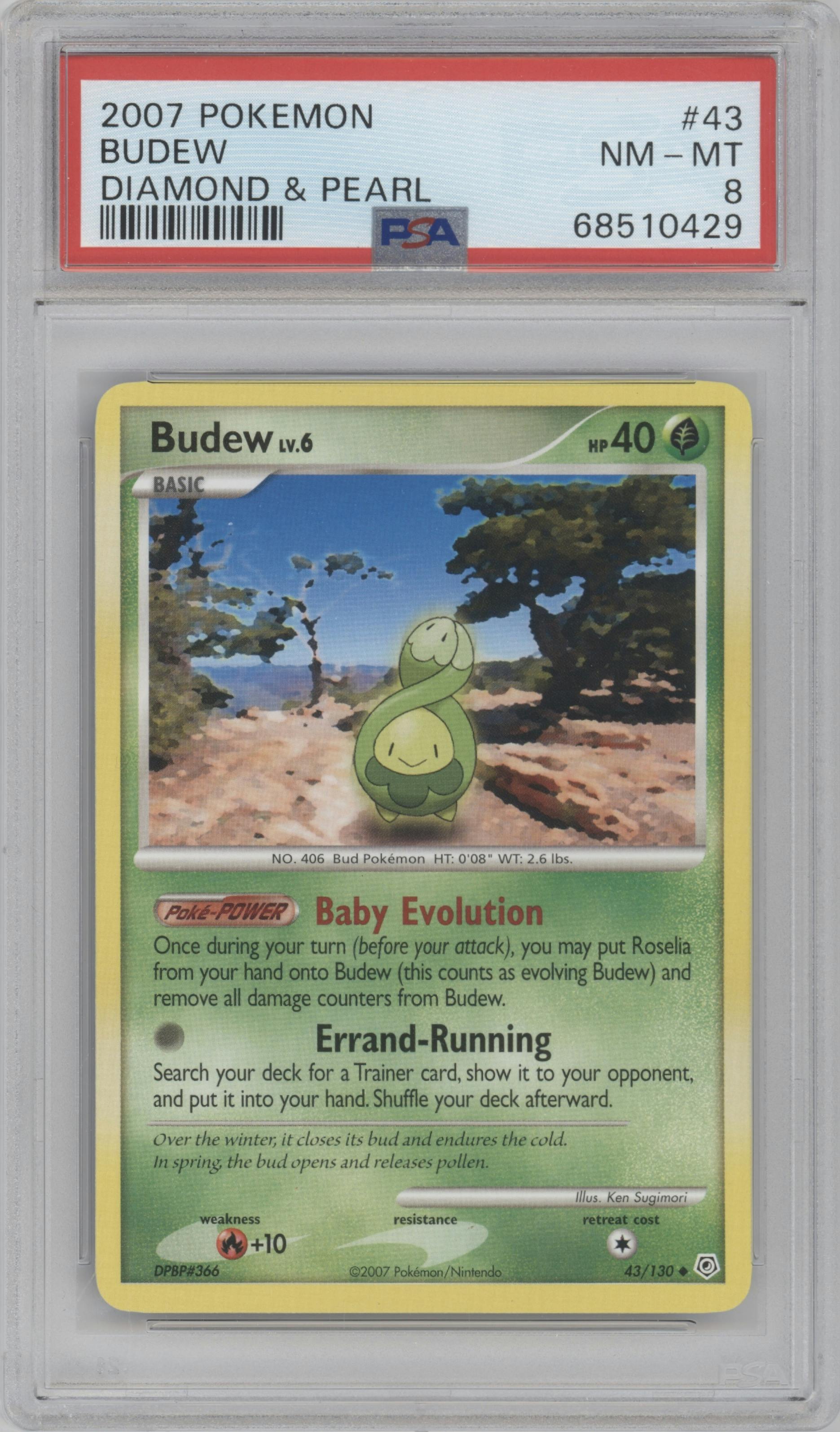 Budew from the 2007 Pokemon D&P set graded by PSA and given an overall grade of 8.