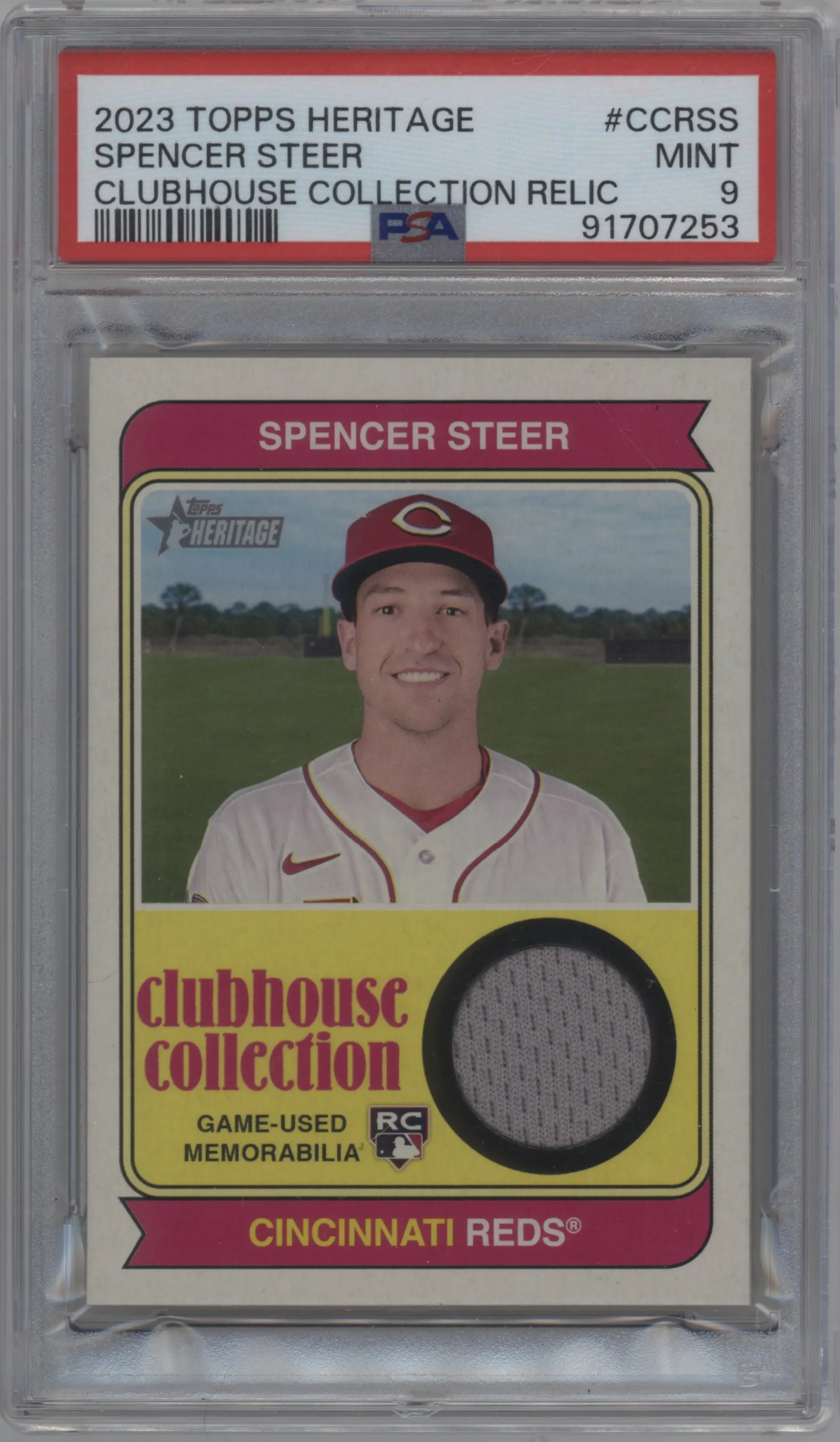 2023 Topps Heritage High Number Clubhouse Coll.Rlc. Spencer Steer PSA 9